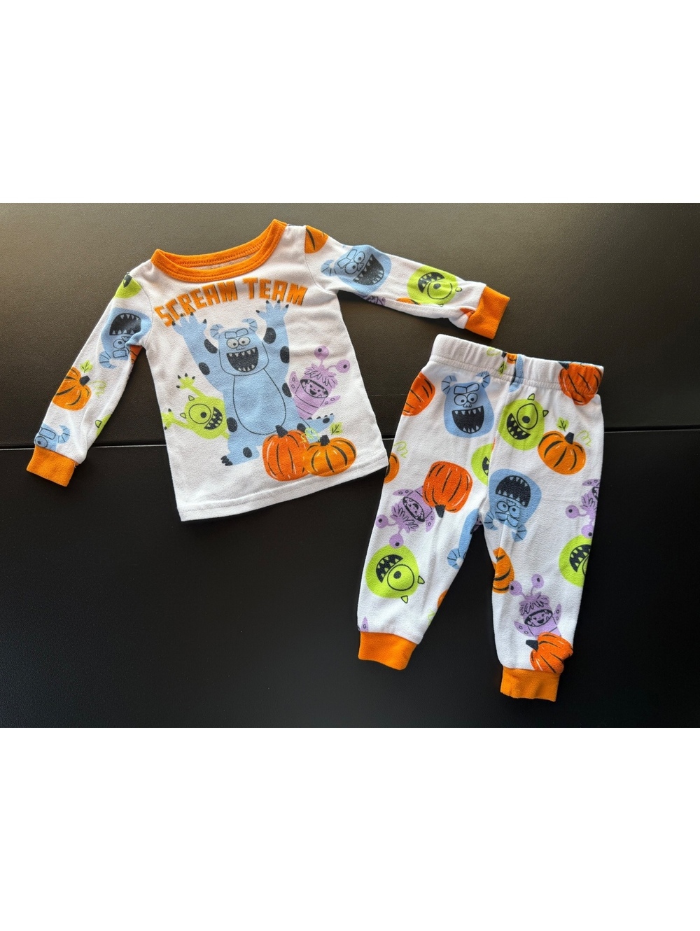 Disney Monsters Inc Halloween Pajamas 12M Baby Scream Team Pumpkin 2 Piece